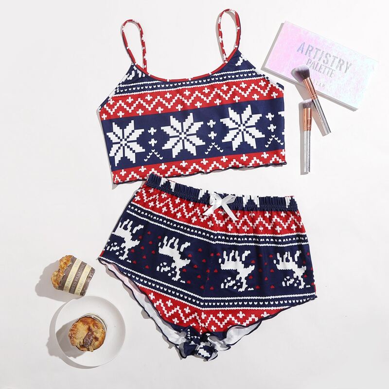 

Snowflake Print Lettuce Trim Cami PJ Set, Multicolor