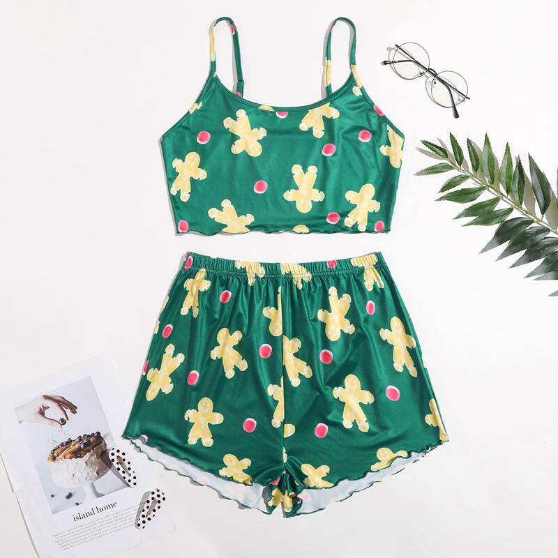 

Christmas Print Lettuce Trim PJ Set, Multicolor