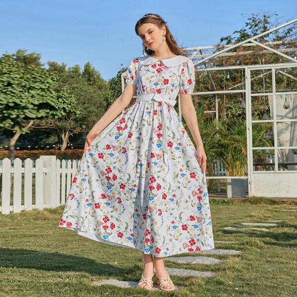

Floral Peter Pan Collar Belted A-line Dress, Multicolor