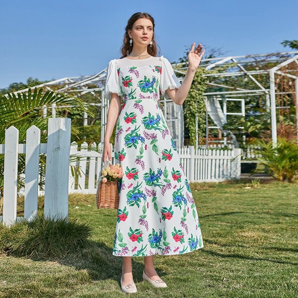 

Floral Lantern Sleeve A-line Dress, Multicolor