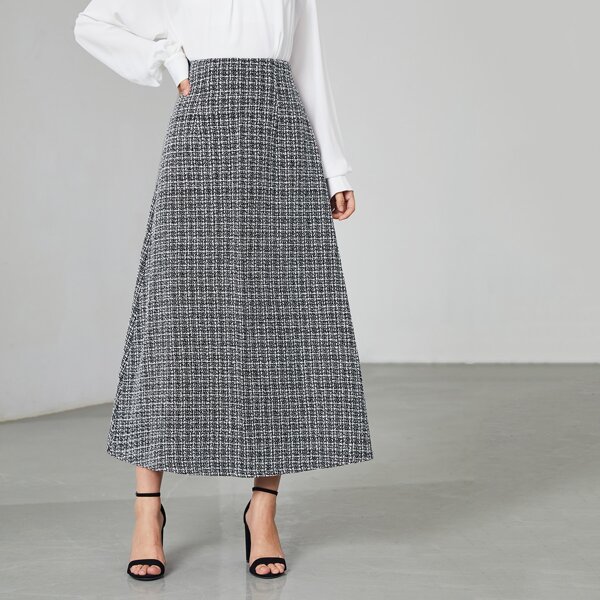 

Tweed Plaid A-line Skirt, Black and white