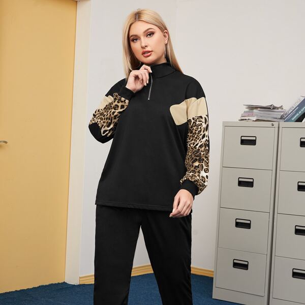 

Plus Leopard Colorblock Sweatshirt & Joggers, Black