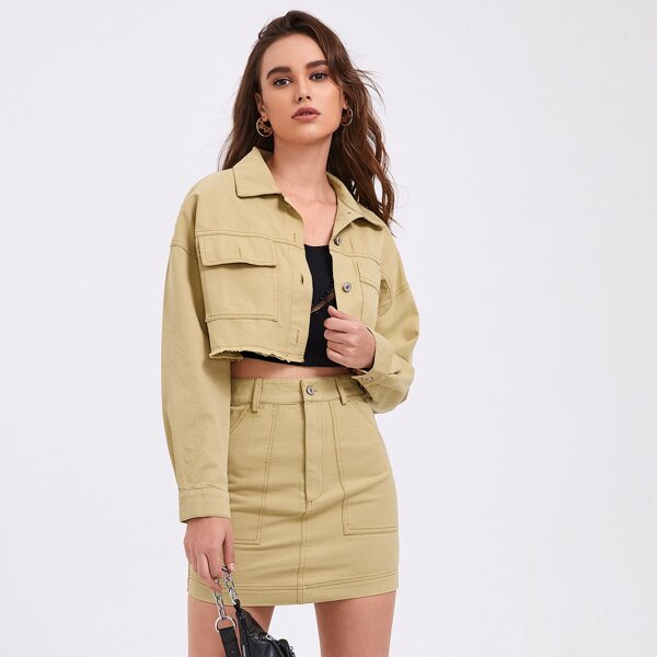 

Drop Shoulder Crop Denim Jacket & Skirt Set, Khaki
