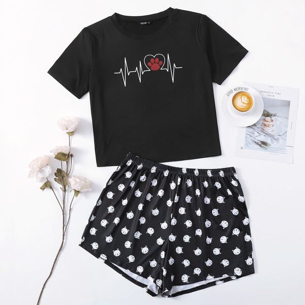 

Plus Cartoon & Heart Print Pajama Set, Black