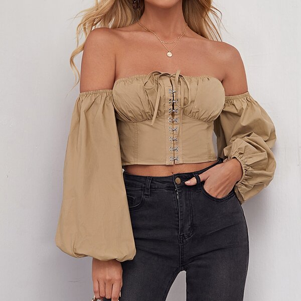 

Off Shoulder Tie Neck Ruched Bust Hook and Eye Blouse, Khaki