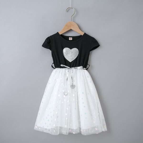 

Toddler Girls Heart Print Mesh Hem Belted Dress, Black and white