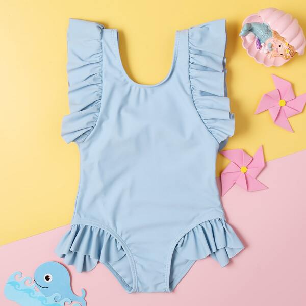 

Toddler Girls Ruffle Trim One Piece Swimsuit, Dusty blue