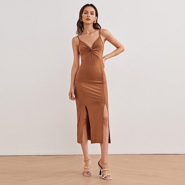 

Twist Front Slit Hem Cami Dress, Brown