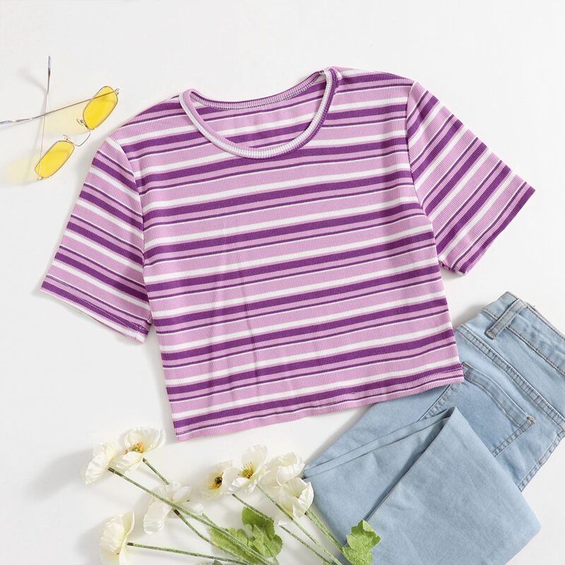 

Striped Ribbed Crop Tee, Lilac purple