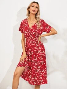 SHEIN Unity Allover Floral Shirred Wrap Dress - Red - View 1