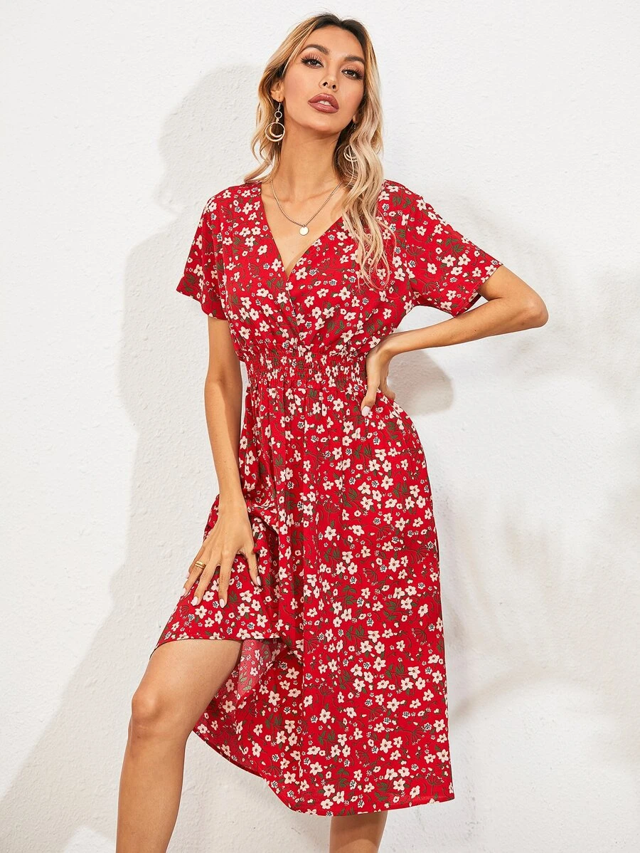 SHEIN Unity Allover Floral Shirred Wrap Dress - Red - View 1
