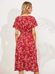 SHEIN Unity Allover Floral Shirred Wrap Dress - Red - View 2