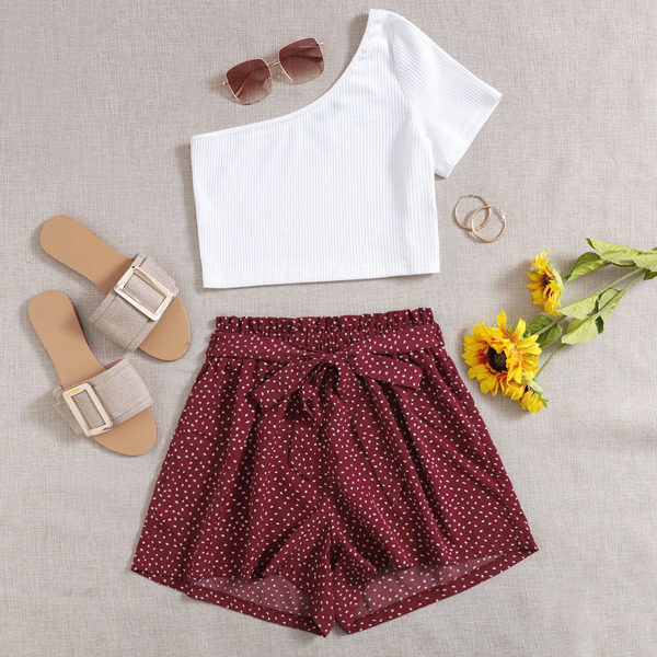 

One Shoulder Crop Tee & Belted Shorts, Red and white
