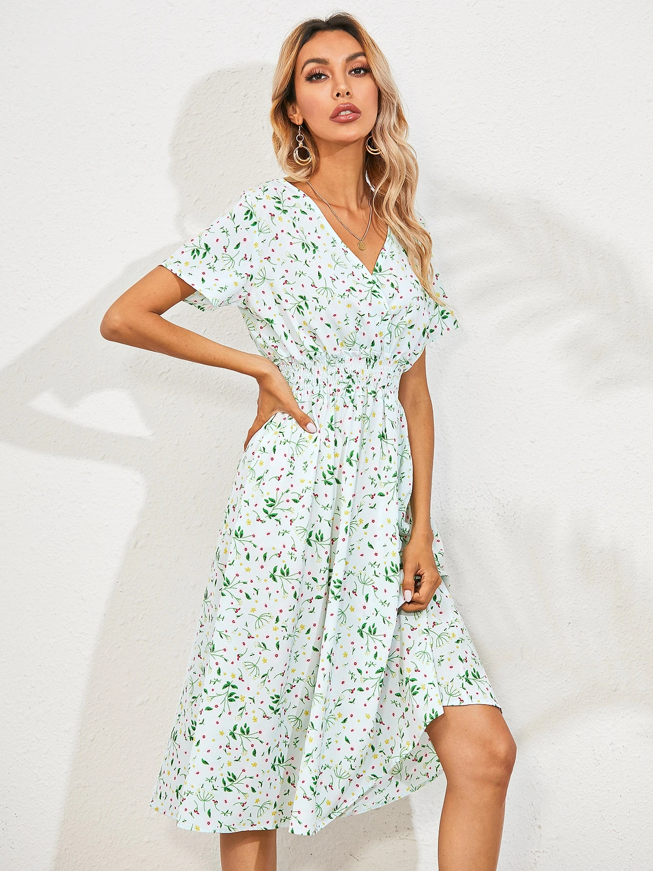 Allover Floral Shirred Wrap Dress 