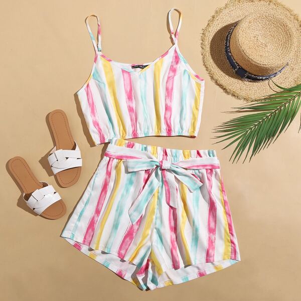 

Striped Crop Cami Top & Belted Shorts, Multicolor