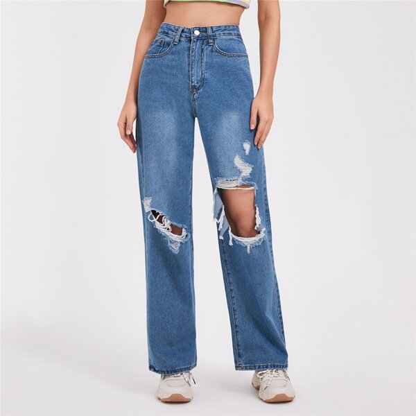

Ripped Washed Straight Leg Jeans, Medium wash
