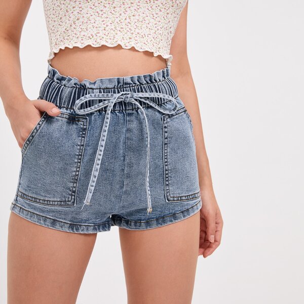 

Paper Bag Wist Knot Front Denim Shorts, Medium wash