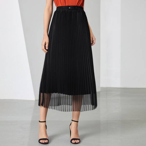 

Mesh Overlay Pleated Midi Skirt, Black