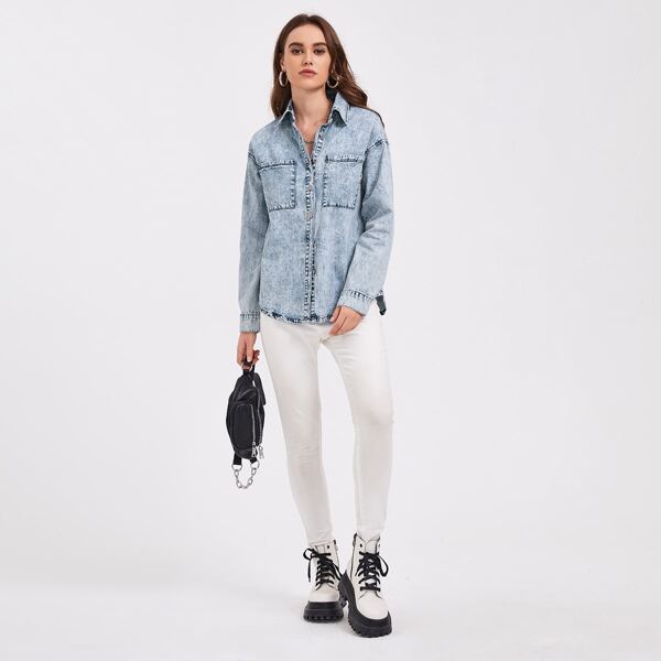 

Drop Shoulder Button Front Denim Blouse, Light wash