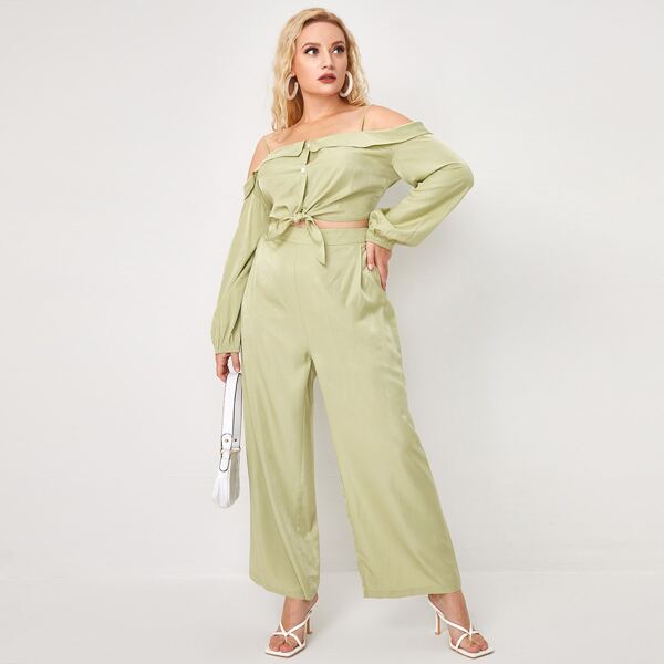 

Plus Cold Shoulder Knot Hem Blouse & Pants, Lime green