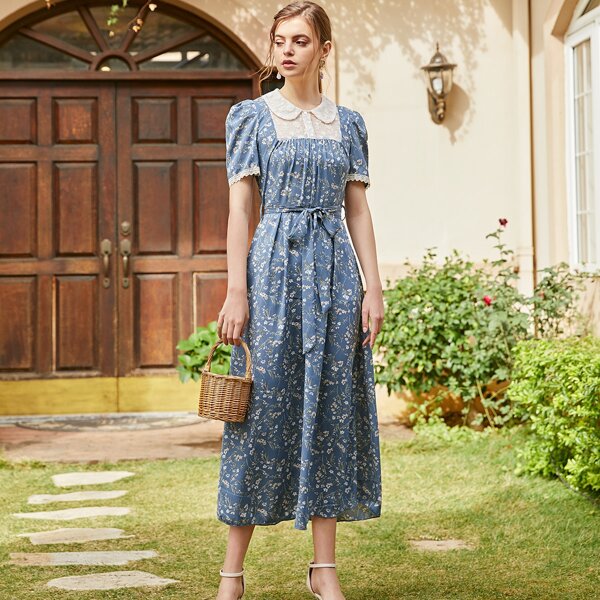 

Ditsy Floral Contrast Lace Belted Dress, Dusty blue