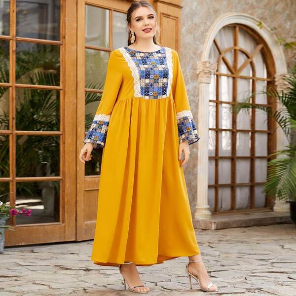 

Plus Geo Panel Guipure Lace Trim Smock Dress, Yellow