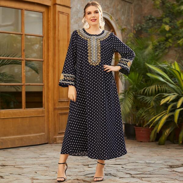 

Plus Leaf Embroidery Polka Dot Tunic Dress, Navy blue