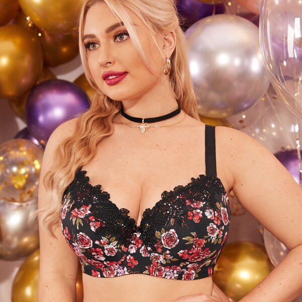 

Plus Floral Print Underwire Bra, Black