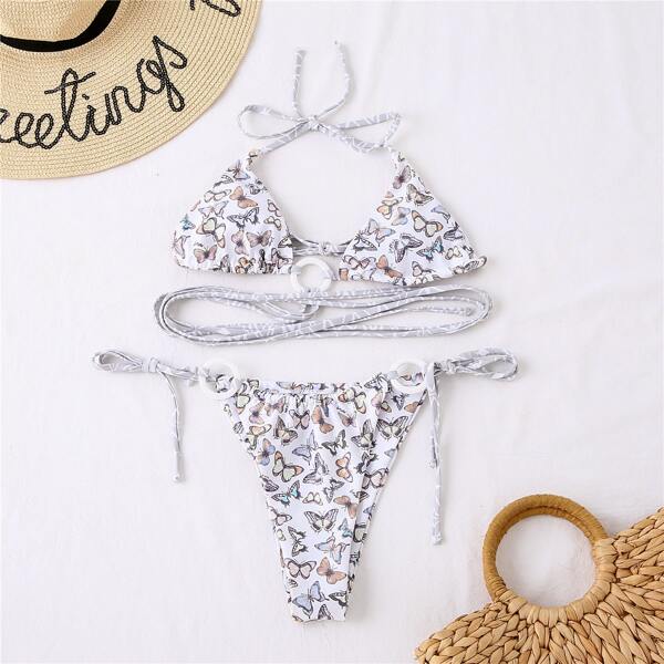 

Allover Butterfly Print Ring Linked Bikini Swimsuit, White