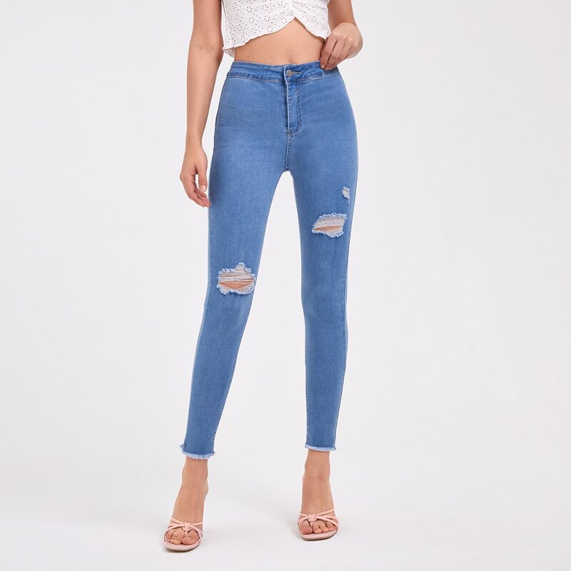 

High Waist Ripped Raw Hem Skinny Jeans, Medium wash