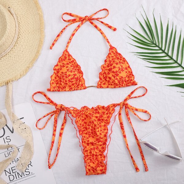 

Ditsy Floral Micro Triangle Bikini Swimsuit, Orange