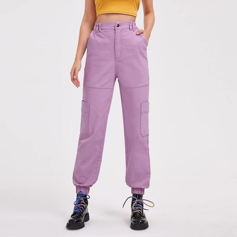 

High Waisted Pocket Side Cargo Jeans, Mauve purple