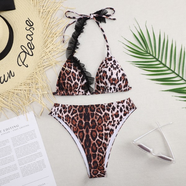 

Leopard Mesh Frill Trim Triangle Bikini Swimsuit, Multicolor