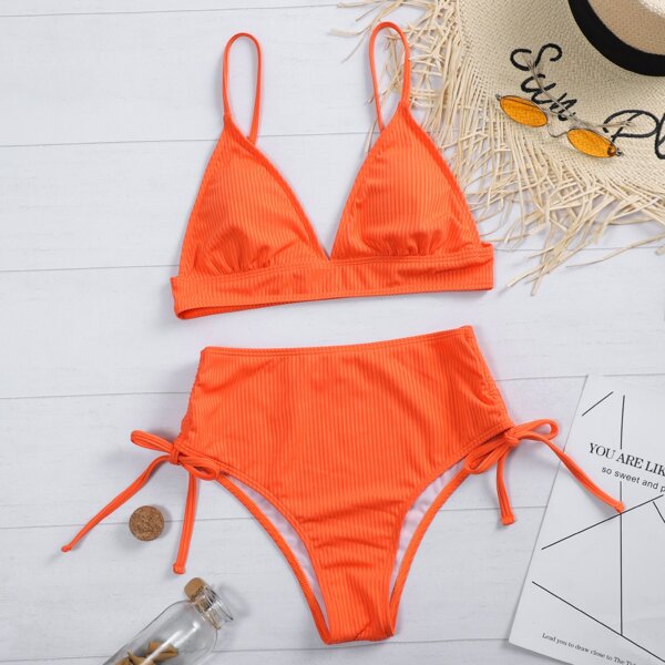 

Rib Triangle High Waisted Bikini Swimsuit, Orange