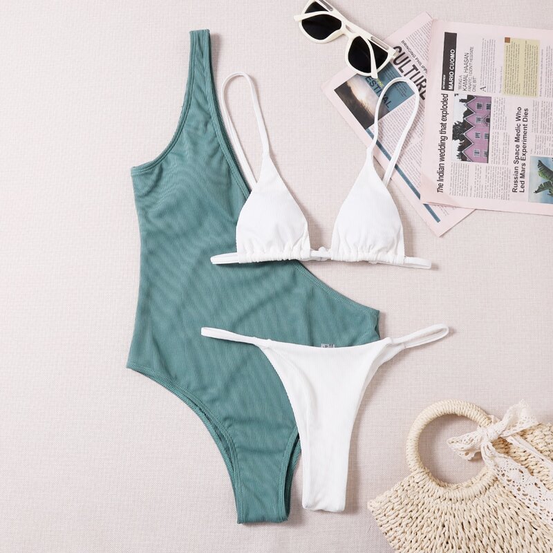 

Solid One Piece Swimsuit & Tie Back Thong Bikini Swimsuit, Green