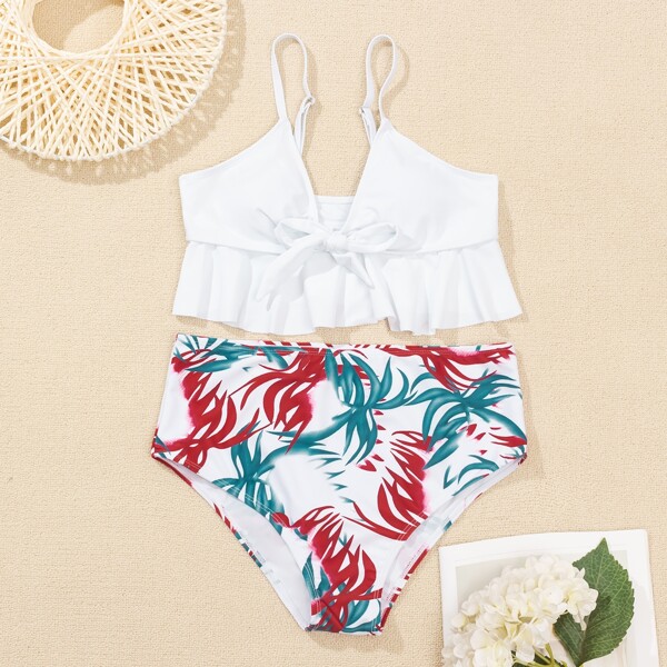 

Plant Print Ruffle Hem High Waisted Bikini Swimsuit, Multicolor