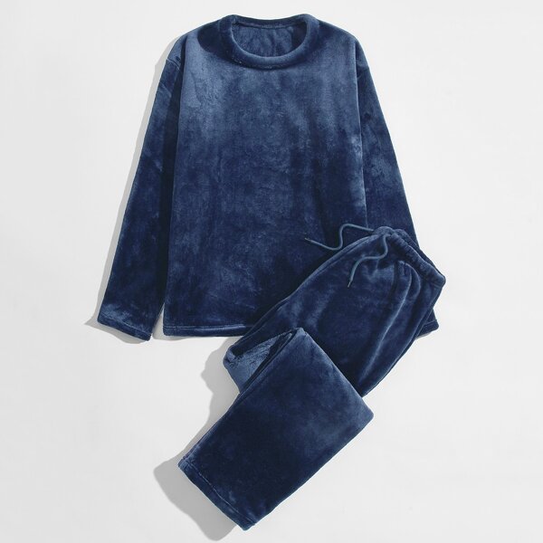 

Men Solid Drawstring Waist Flannel PJ Set, Navy blue