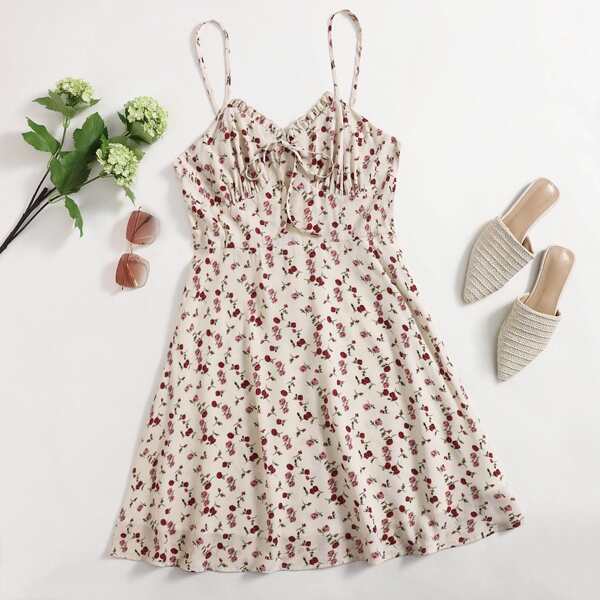 

Plus Tie Front Ditsy Floral Cami Dress, Beige