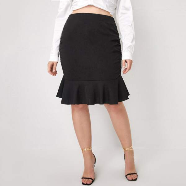 

Plus Solid Knee Length Mermaid Skirt, Black