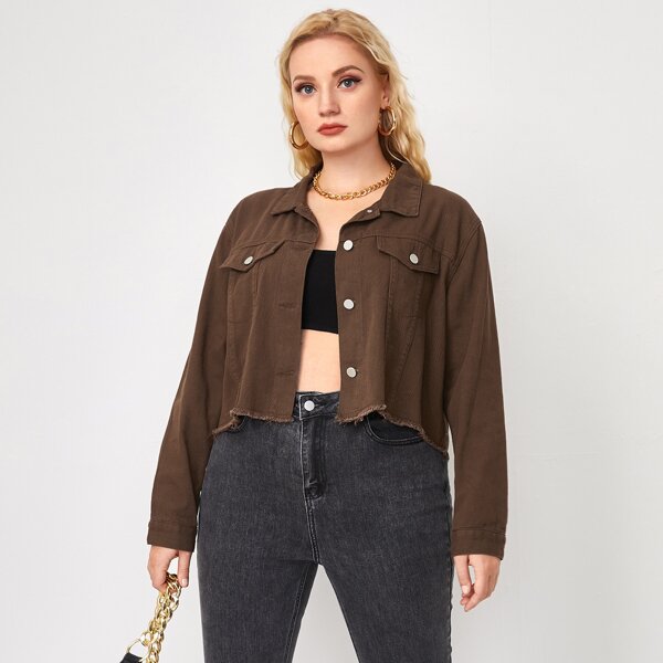 

Plus Raw Hem Button Front Denim Jacket, Chocolate brown