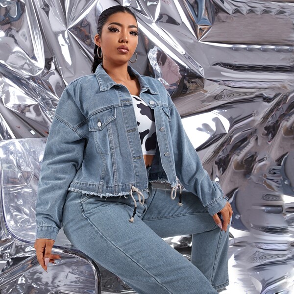 

Plus Drawstring Hem Drop Shoulder Denim Jackets, Medium wash
