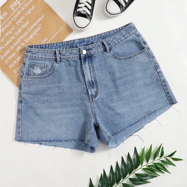 

Plus Raw Hem Ripped Detail Denim Shorts, Medium wash