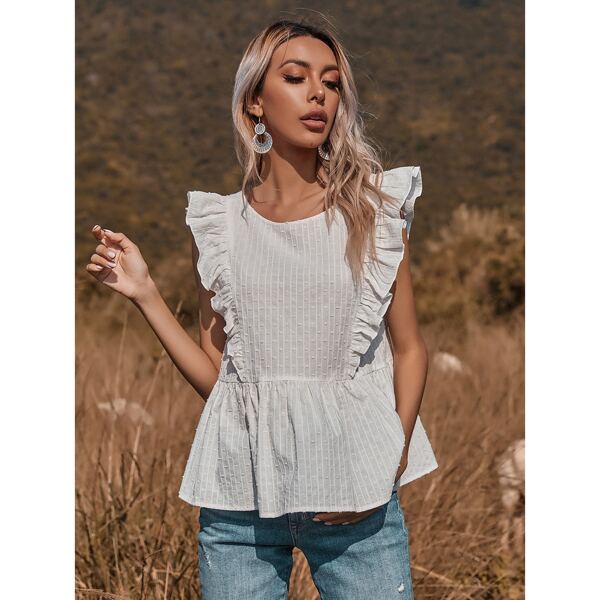 

Swiss Dot Ruffle Trim Blouse, White