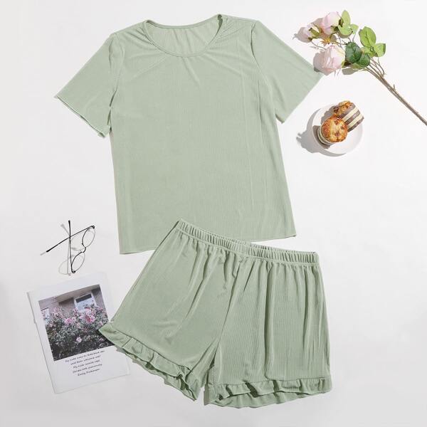 

Plus Solid Ruffle Hem PJ Set, Mint green