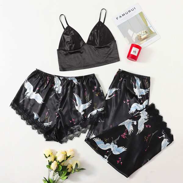 

Plus 3pcs Satin Crane Print Lace Trimed PJ Set, Black