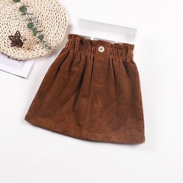 

Girls Button Paperbag Waist Corduroy Skirt, Coffee brown