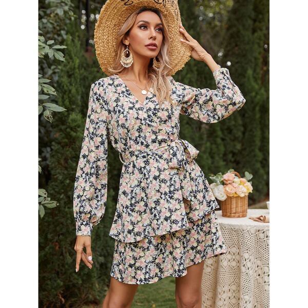

Allover Floral Belted A-line Dress, Multicolor
