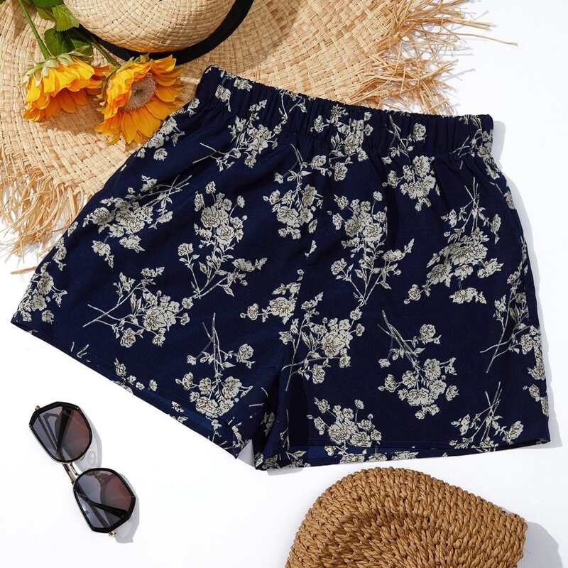 

Ditsy Floral Elastic Waist Shorts, Navy blue