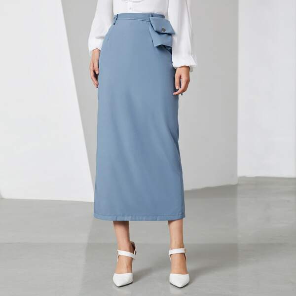 

Split Hem Straight Skirt With Bag Belt, Dusty blue