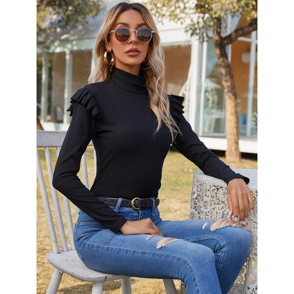 

High Neck Ruffle Trim Rib-knit Tee, Black